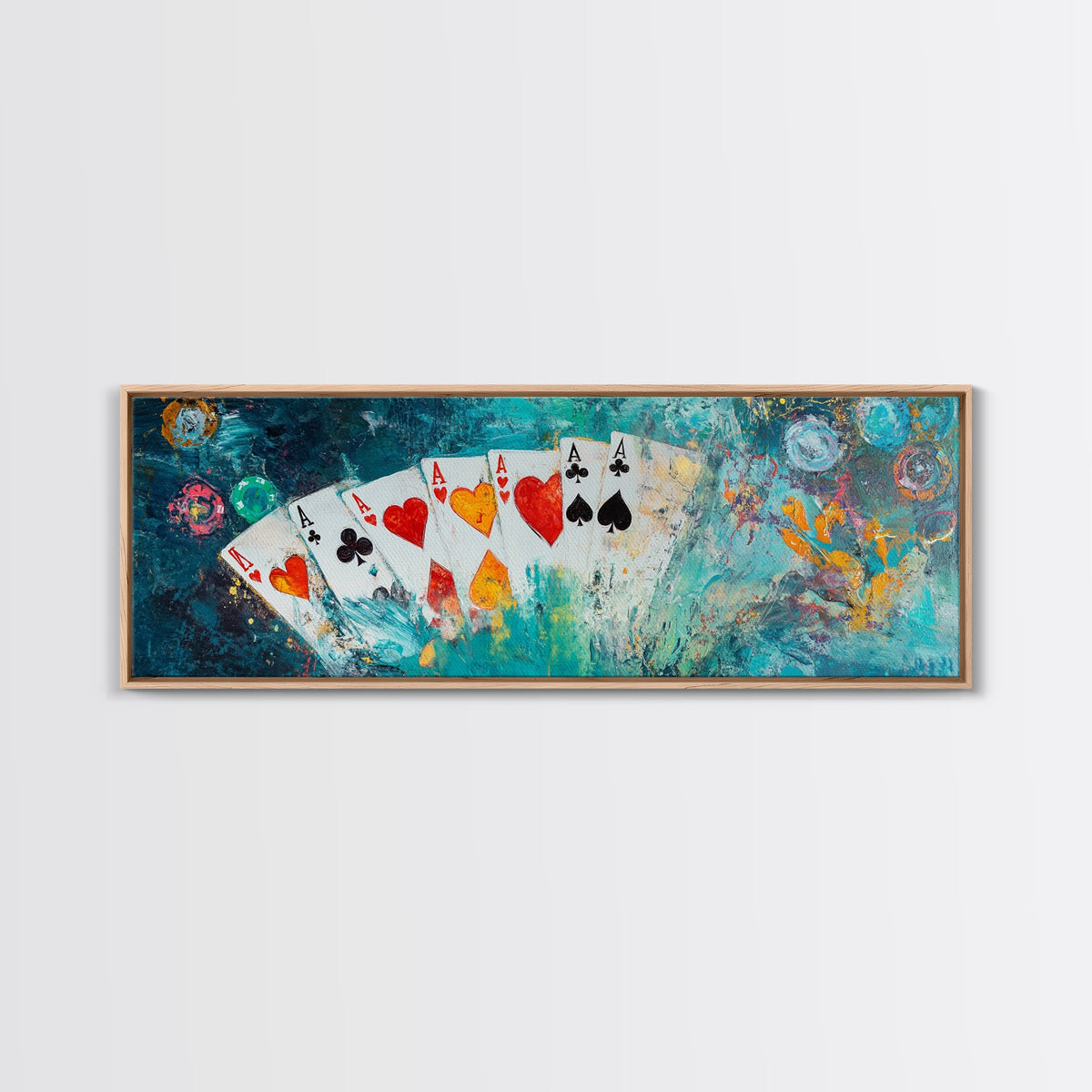 Poker Cards Art Canvas Print - Colorful Casino Painting, Gambling Wall Decor, Vegas Game Room Aesthetic, Bar Lounge Artwork