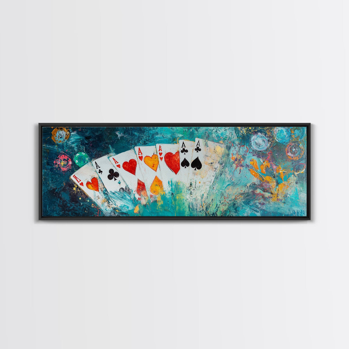 Poker Cards Art Canvas Print - Colorful Casino Painting, Gambling Wall Decor, Vegas Game Room Aesthetic, Bar Lounge Artwork