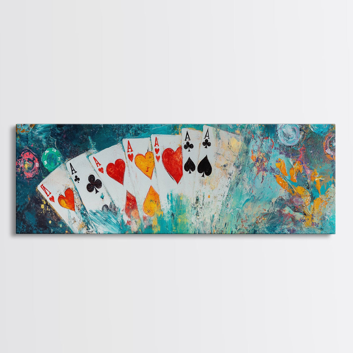 Poker Cards Art Canvas Print - Colorful Casino Painting, Gambling Wall Decor, Vegas Game Room Aesthetic, Bar Lounge Artwork