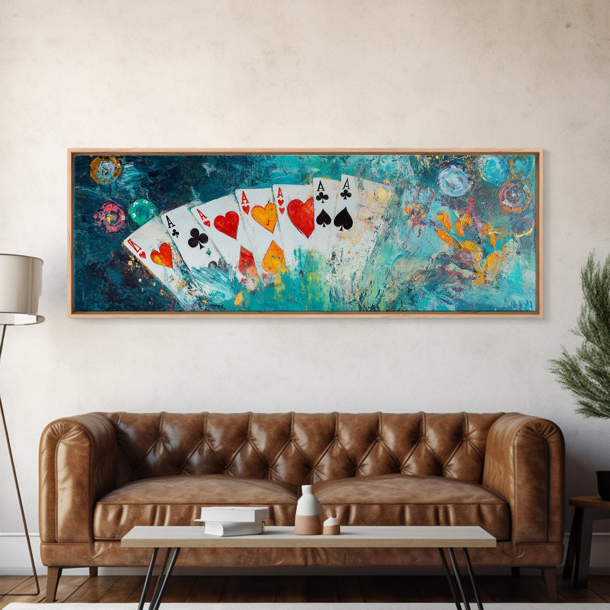 Poker Cards Art Canvas Print - Colorful Casino Painting, Gambling Wall Decor, Vegas Game Room Aesthetic, Bar Lounge Artwork