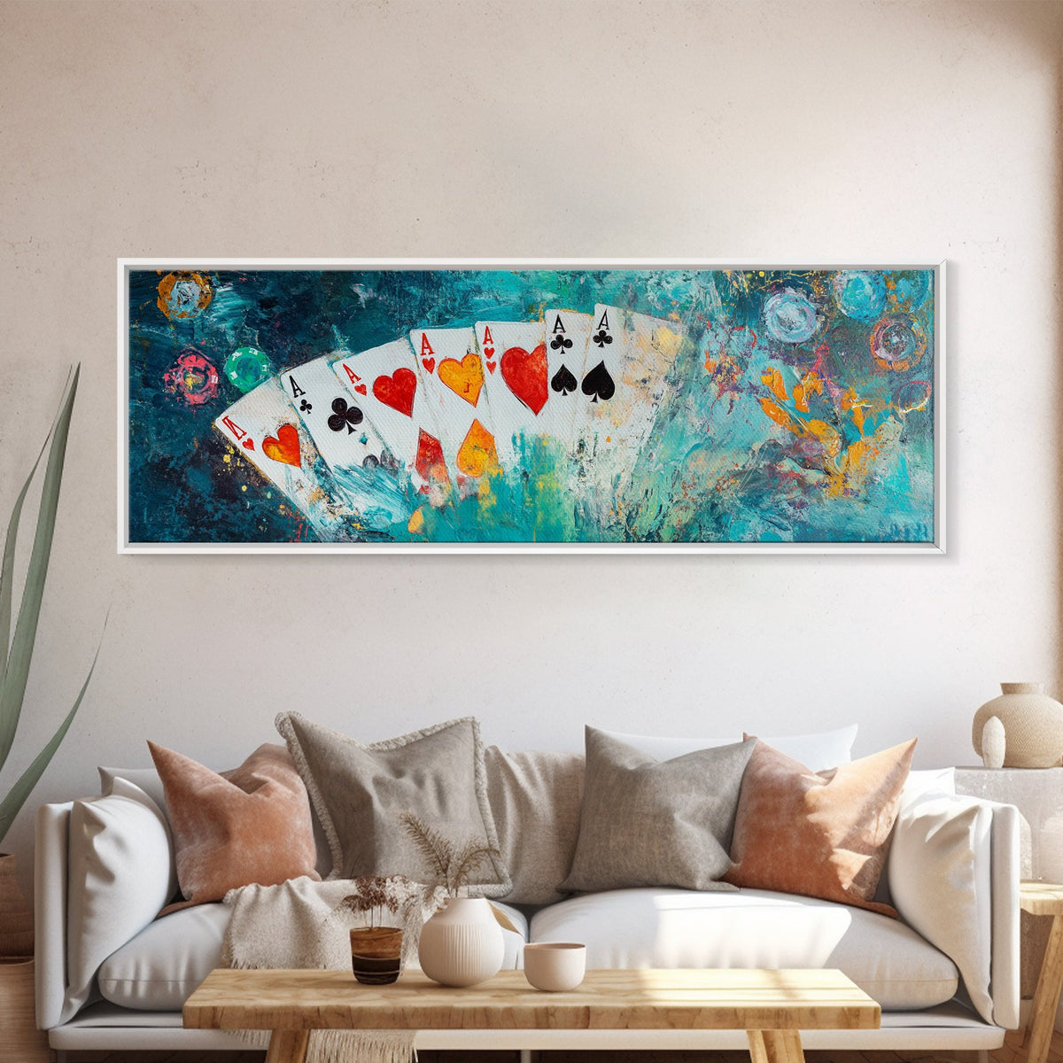 Poker Cards Art Canvas Print - Colorful Casino Painting, Gambling Wall Decor, Vegas Game Room Aesthetic, Bar Lounge Artwork